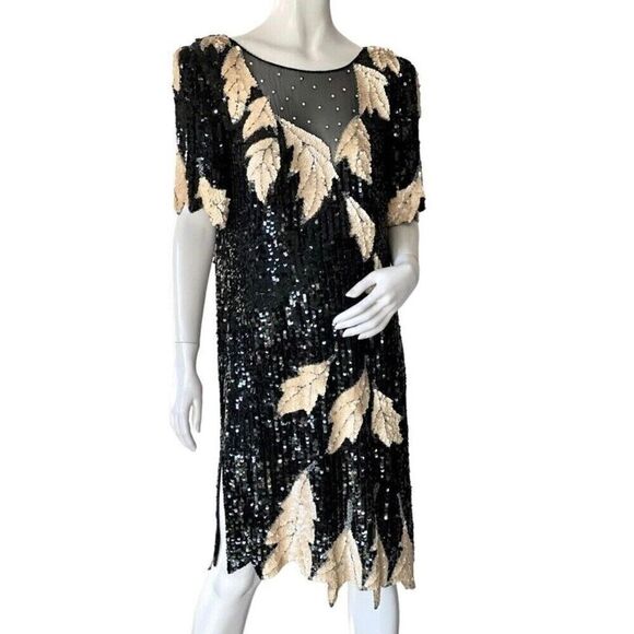Lillie Rubin Women’s Black Cream All Over Sequin Leaf Illusion Neck Mini Dress - Picture 2 of 16